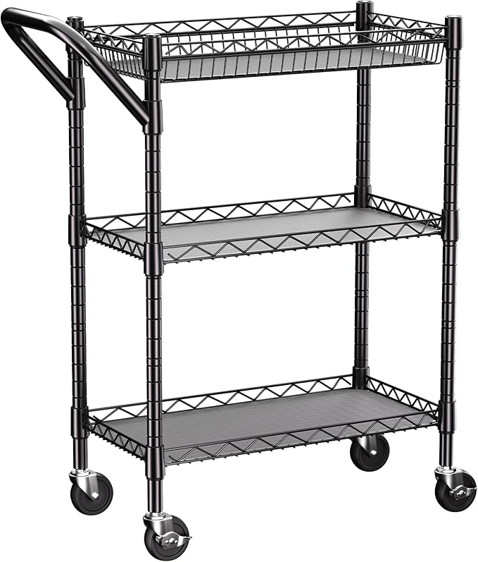 3 Tier Heavy Duty Rolling Utility Cart,18" D x 23.8" W x 36.6" H Rolling Carts with Wheels,Commercial Grade Metal with Handle Bar & Shelf Liner,Trolley Serving Storage Cart for Kitchen Black