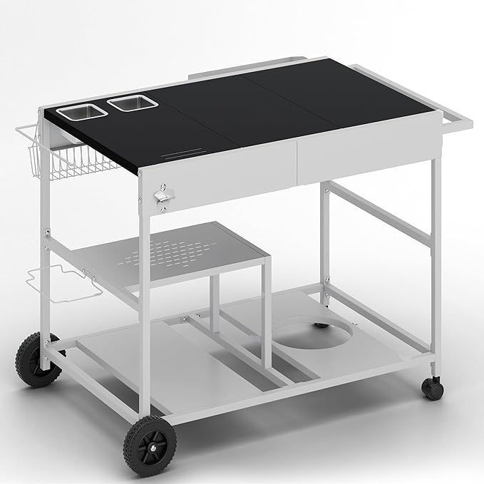 Shintenchi Pizza Oven Cart Table with Topping Station and Wheels, Outdoor Tabletop Grill Table Stand, Movable Food Prep Workcart Fits for Ninja and Blackstone Woodfire Grill