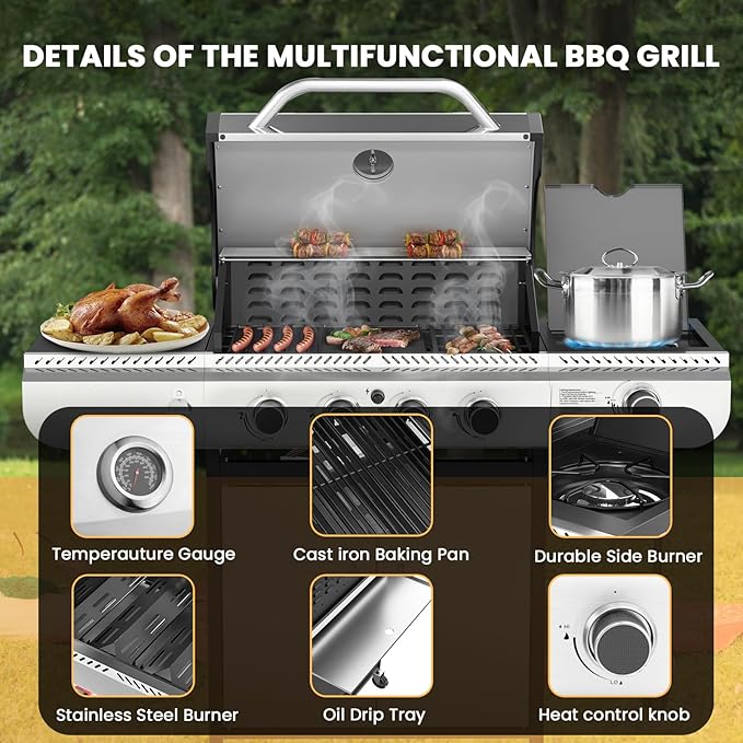 4-Burner Gas Grill with Side Burner,Stainless Steel Propane Grill with Porcelain-Enameled Grills,Built-In Thermometer,42000BTU BBQ Grill for Outdoor Cooking and Patio Barbecues