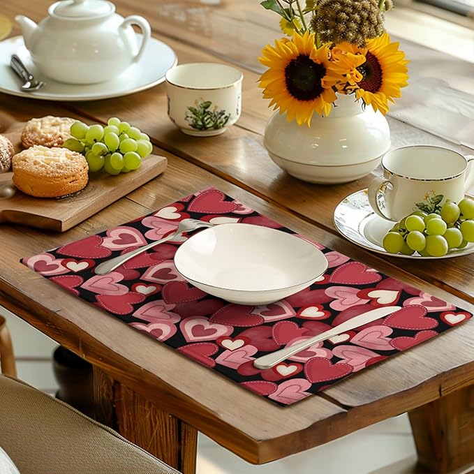 Valentines Day Love Hearts Placemats Set of 4 Valentine Red Black Heart Linen Table Mats Spring Wedding Anniversary Washable Place Mats for Outdoor Home Party Kitchen Dining 12x18 Inch