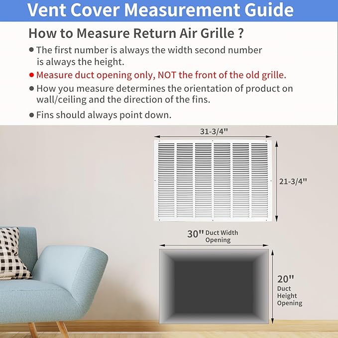 30"W x 20"H [Duct Opening Size] Steel Return Air Grille, Air Return Vent Cover for Ceiling and Sidewall - HVAC Air Vent Covers - [Outer Dimensions: 31.75"W x 21.75"H]