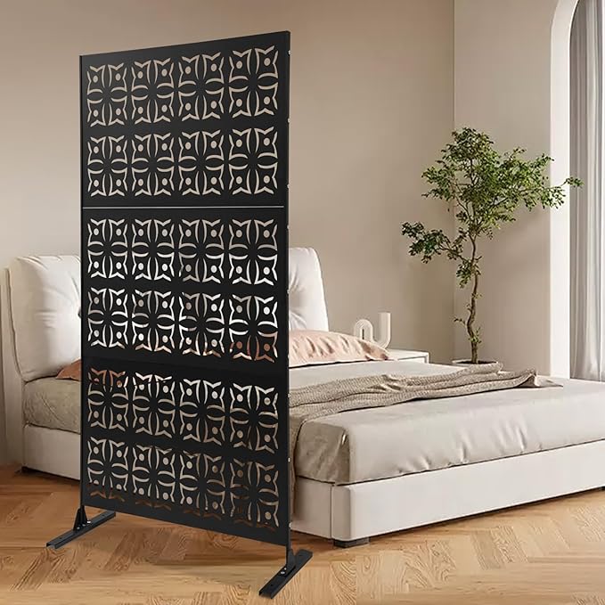75" H×35" W Decorative Outdoor Privacy Screen with Stand, Outdoor Decor Privacy Fence Screen Metal Fence Panels, Free Standing Metal Divider for Patio Lawn Deck (Black-Orchid)