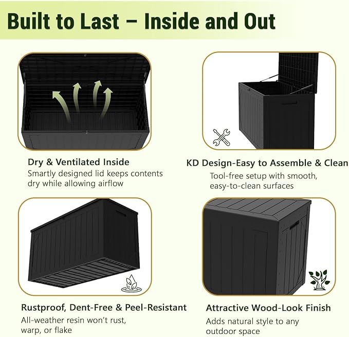 100 Gallon Resin Deck Box, Waterproof Outdoor Storage Box for Patio Furniture, Garden Tools, and Pool Accessories, Lockable UV-Resistant Storage Bin Bench Cabinet for Outside, Black