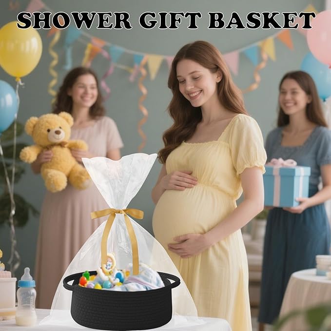 Gift Basket with Gift Bag and Ribbons,Small Rope Woven Shelf Storage,Baskets for Gifts Empty,Birthday,Baby Shower,Decorative Organizer Box with Handles(Black)