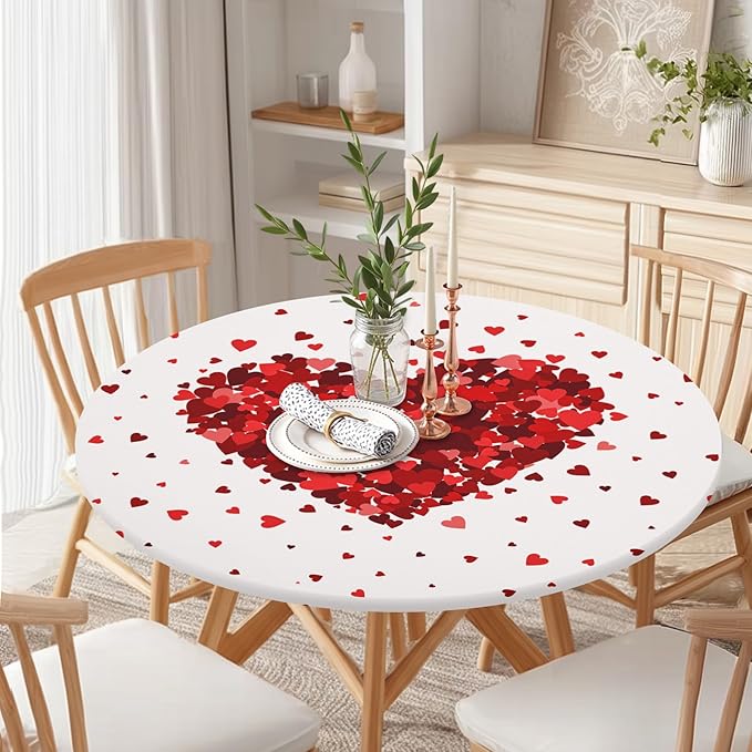 Valentines Day Round Fitted Tablecloth with Elastic Red Love Heart Circle Table Cloth for 44-48" Tables Wipeable Waterproof Washable Valentine Decorative Table Cover for Picnic Dining Party Decor