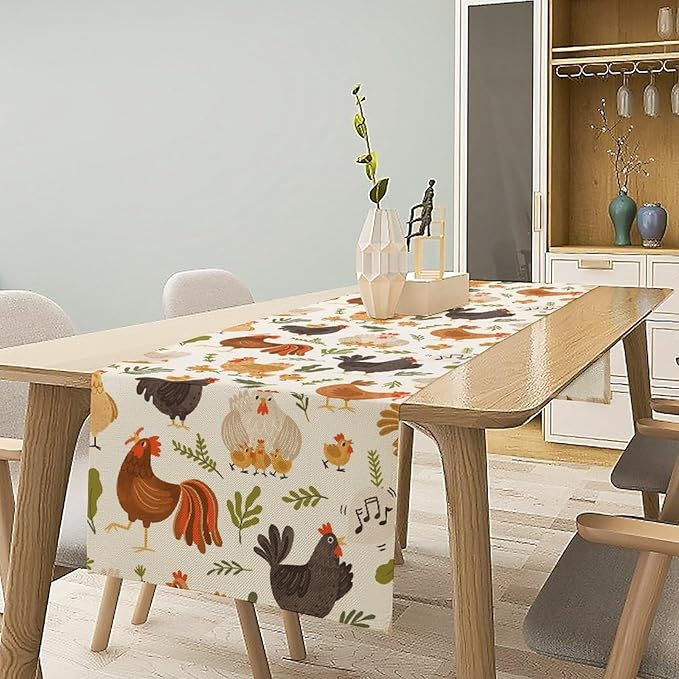 Cute Roosters Chickens Table Runners, Rustic Farm Animals Hen Table Runner for Farmhouse Wedding Coffee Dining Table Party Home 13x60in