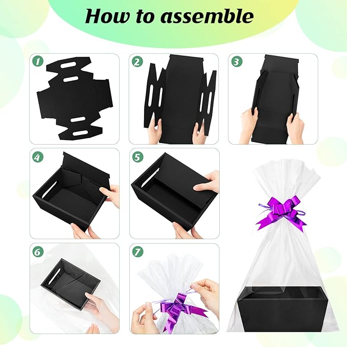 Fainne 74 Pcs Baskets for Gifts Empty Bulk DIY Empty Gift Basket Include 20 Kraft Cardboard Tray with Handles 30 Bags 24 Bows for Christmas Thanksgiving Birthdays Snacks Party, 8" x 6" x 3"(Black)