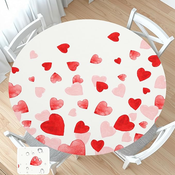 Valentines Day Round Fitted Tablecloth with Elastic Pink Red Love Heart Circle Table Cloth for 36-40" Round Tables Wipeable Waterproof Washable Valentine Table Cover for Picnic Dining Party Decor
