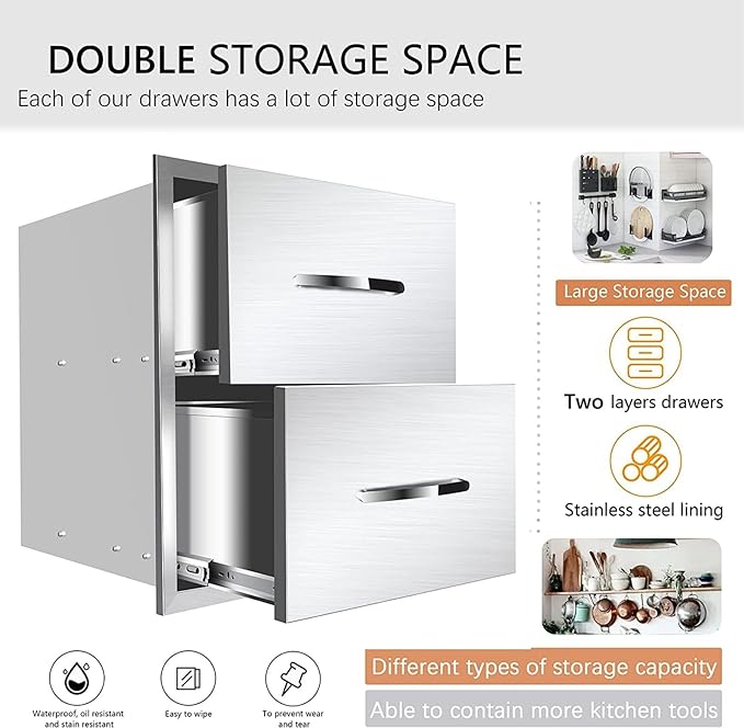 Outdoor Kitchen Drawers, Box Frame Style Flush Mount BBQ Drawer w/Stainless Steel Handle, BBQ Island Drawers For Patio Grill Station,Double Drawers
