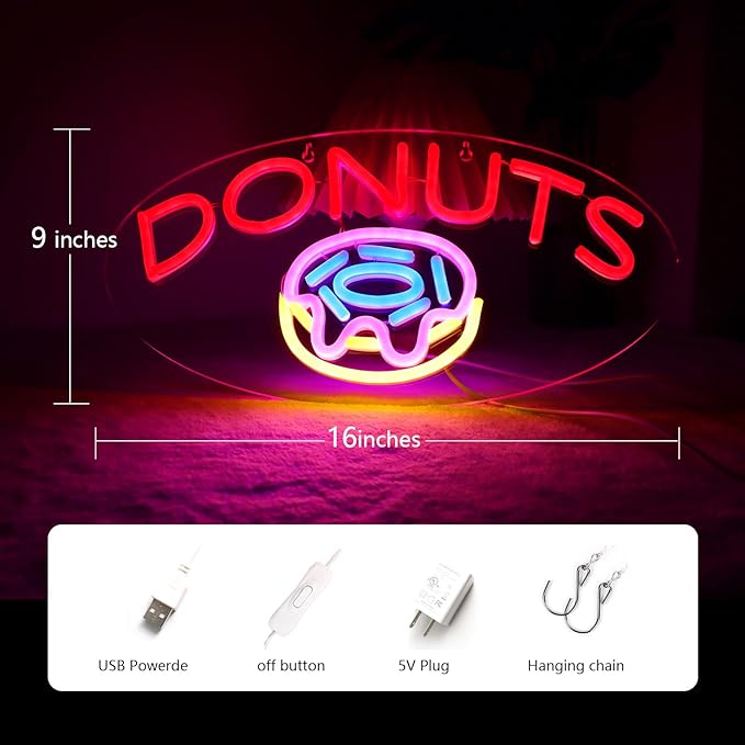 JFLLamp DONUTS Neon Signs for Wall Decor Neon Lights for Business Led Signs Suitable for Bakery Dessert Cake Shop Convenience Stores Supermarkets 5V Power Adapter 16.1*9 Inch (Blue+ Red+Pink+Yellow)