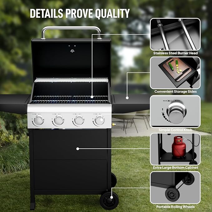 ROVSUN 4-Burner Propane Gas BBQ Grill with Foldable Side Tables & Enameled Cast Iron Grates, 40,000 BTU Barbecue Grill with Portable Wheels for Outdoor Patio Backyard Cooking Grilling, Black