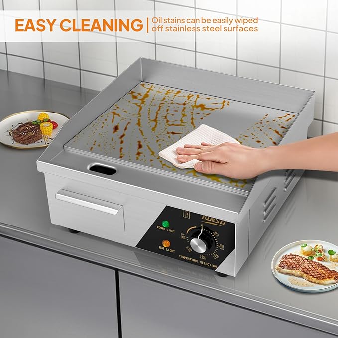 ROVSUN 14" Electric Countertop Flat Top Griddle, 1500W Electric Griddle, Teppanyaki Grill Stainless Steel with Adjustable Temperature Control 122°F-572°F for Home Restaurant Commercial