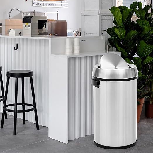 GarveeHome 17 gal/65 L Swing Top Trash Can, Stainless Steel Rubbish Bin, Commercial Grade Waste Container, Round Garbage Can for Outdoor, Home Office, Restaurant, Silver