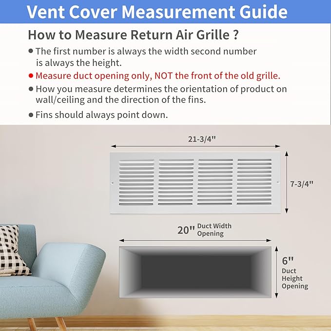 20"W x 6"H [Duct Opening Size] Steel Return Air Grille, Air Return Vent Cover for Ceiling and Sidewall - HVAC Air Vent Covers - [Outer Dimensions: 21.75"W x 7.75"H]