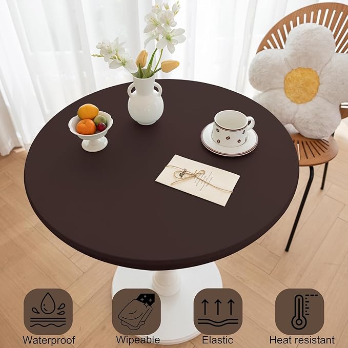 Round Fitted PU Tablecloth with High Elastic Edge 28 Inch Dia Waterproof Oil Proof Table Cloth Anti-Scald Stain-Resistant Wipeable Table Cover for Indoor Outdoor Picnic (Coffee,28" Dia)