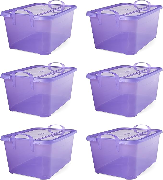Life Story 6 Pack Light Duty Stackable Storage Bin, 55 Quart Home Organizer, Versatile Lightweight Locking Bins with Carrying Handles, Purple