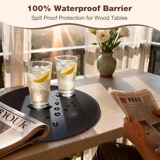 Round Vinyl Black Placemats Set of 6, Faux Leather Waterproof Wipeable Heat Resistant Place Mats, Washable Table Mats for Halloween, Thanksgiving & Christmas Dinner(Black)