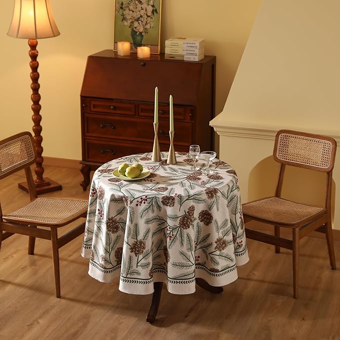 ISAENNE Designer Christmas Beige Linen Round Tablecloth,Pinecones Pattern Indoor Tablecloths,Washable Decor Table Cloth for Dining Thanksgiving Kitchen Christmas,Diameter 67"-Carol B
