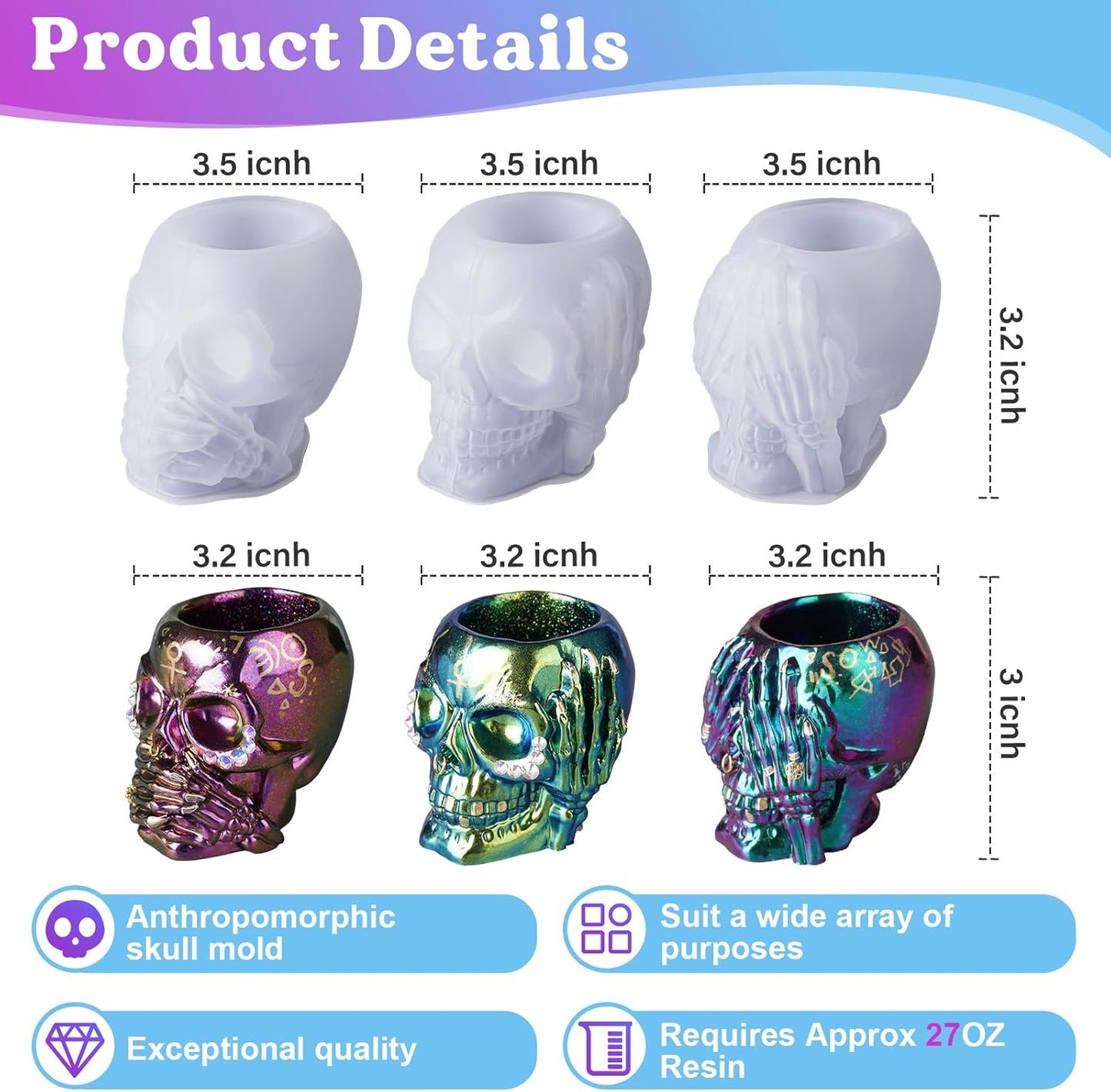 LET'S RESIN Skull Resin Molds, Hear-no, Speak-no, See-no 3 Pcs Skull Silicone Molds for Resin Crafts, Cute Epoxy Resin Molds Silicone for Resin Casting, DIY Craft, Home Decor