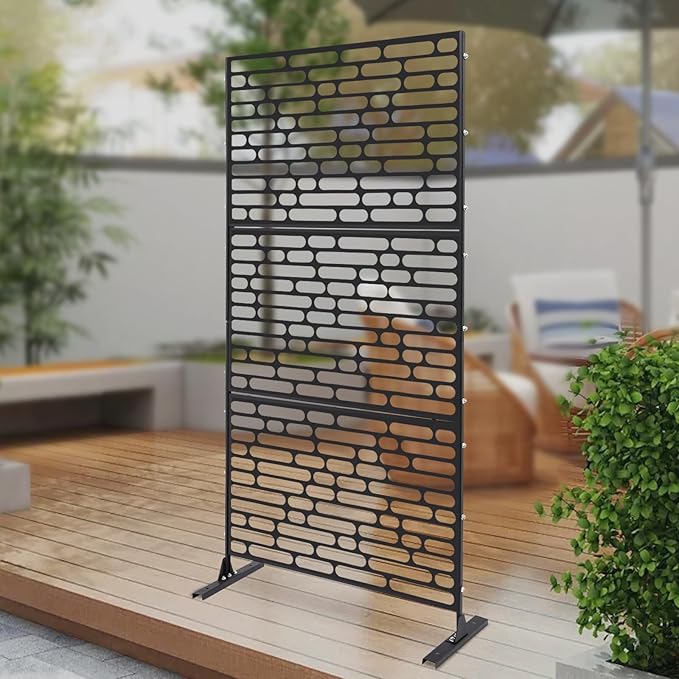 Outdoor Metal Privacy Screen with Stand, 35.4" W x 75" H Freestanding Metal Slatted Decorative Privacy Screen and Panels for Patio Garden Balcony Porch (Black Rounded Rectangle)