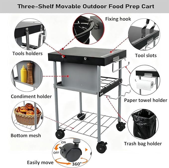 Grill Cart Table Accessories Outdoor Grilling Side Tables for 18"/22" Weber Charcoal Kettle Grills Rolling Prep Stand with Wheels Mesh Storage Racks Perfect for BBQ Camping Home Party