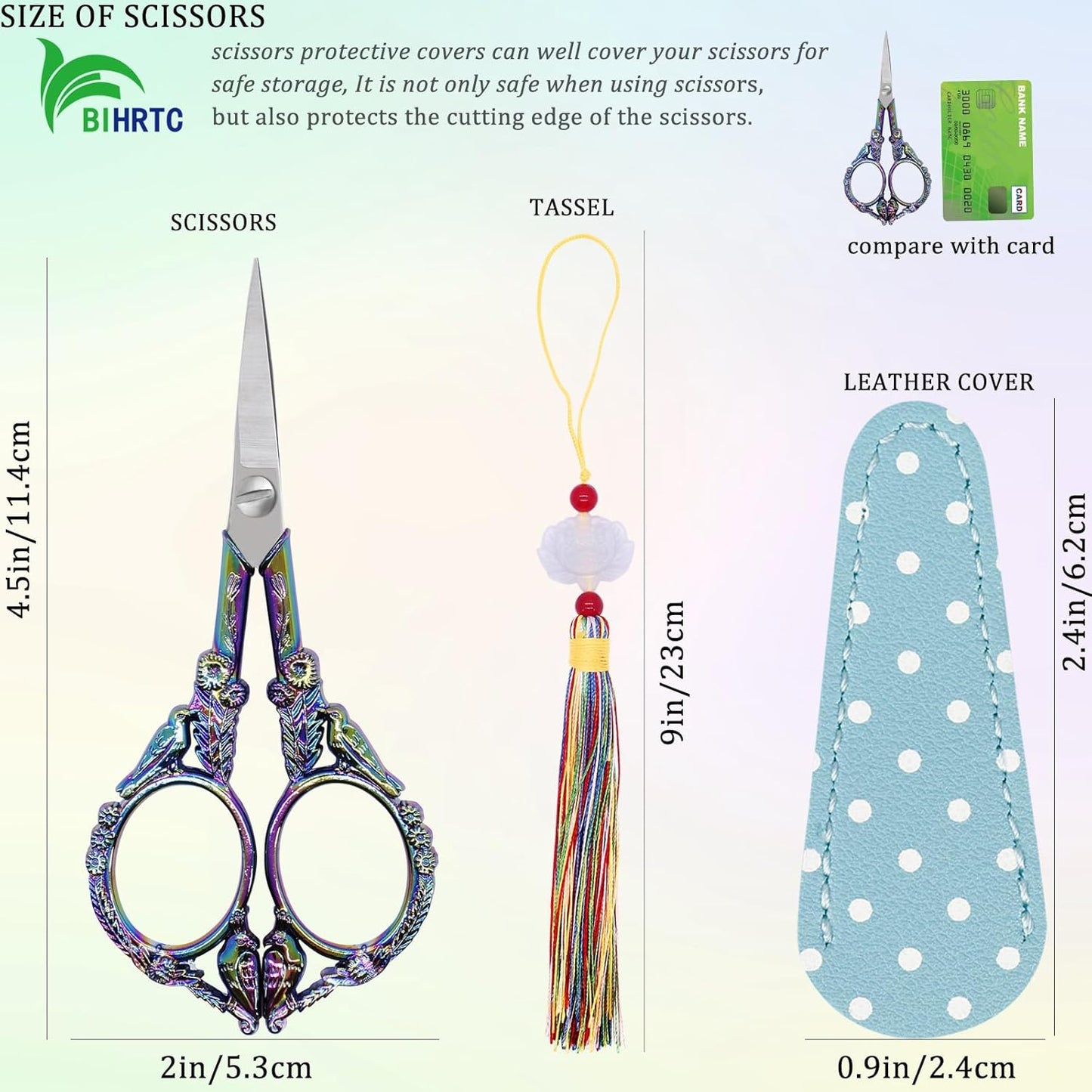 BIHRTC 4.5Inch Sewing Scissors Stainless Steel Sharp Tip Scissors with Leather Cover Tassel Small Crafting Household Shear for Cross Stitch Needlework Beading DIY Threading