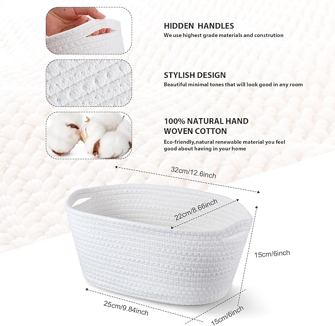12 Pack Easter Woven Baskets for Gifts Empty Large Cotton Rope Square Storage Baskets with Handle for Organizing Shelves, Toys, Books, Towels, Clothes, 12.6" L x 8.7" w x 6" h(White)