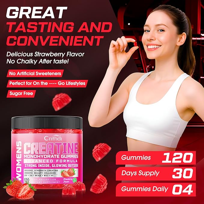 Creatine Monohydrate Gummies 6000MG Pre-Workout for Women, Sugar Free Creatine Gummies with Collagen, BCAA 2:1:1for Muscle Support, Enhance Strength & Booty, Non-GMO, Gluten-Free, 120 Counts