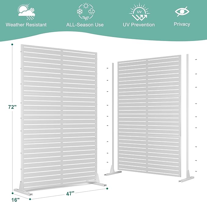Metal Privacy Screen for Outdoor & Indoor Use, Free Standing Privacy Screen for Patio Garden Pool, 72" H x 47" W Decoative Privacy Panels, Weather Resistant, Easy Assembly (White Louvered)