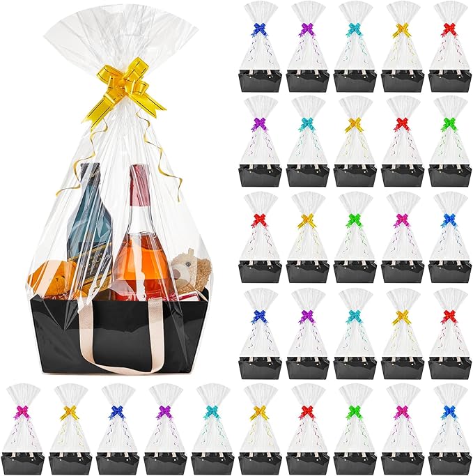 Tuanse 30 Pcs Basket for Gift Empty DIY Bulk Gift Basket Kit with Handle Kraft Cardboard Tray with 30 Bag 30 Bow Market Tray for Wedding Party(Black,9.8 x 6.5 x 4.3 in)