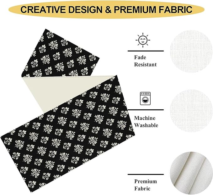 Damask Table Runner, Antique Gothic Black Floral Boho Flower Pattern Rustic Vintage Retro Coffee Table Center Decor for Kitchen and Dining Outdoor Home Country Party Table Decorations, 13"x108"