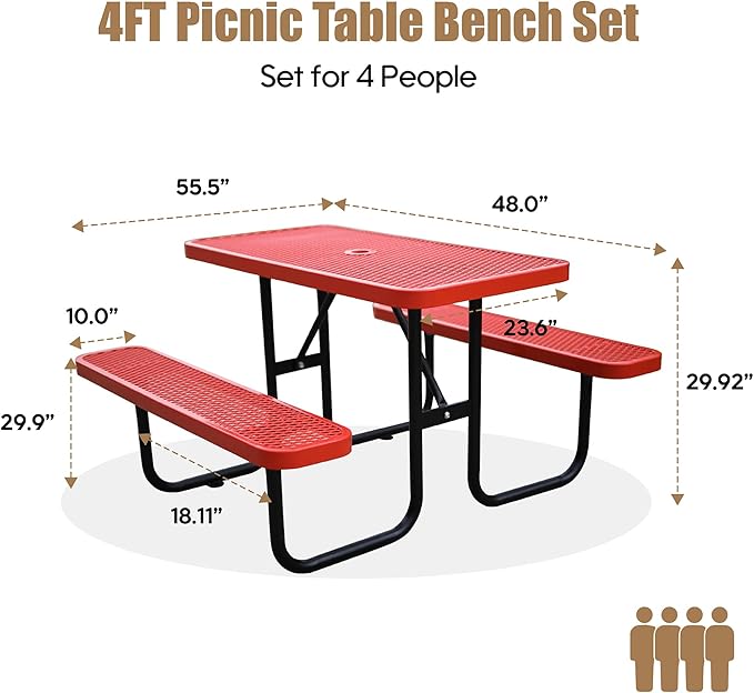 4FT Rectangular Metal Picnic Table for Outdoors, Commercial Steel Metal Picnic Tables, Heavy Duty Sturdy Picnic Tables Furniture Set for Patio Garden Courtyard BBQ, with Umbrella Hole, Red