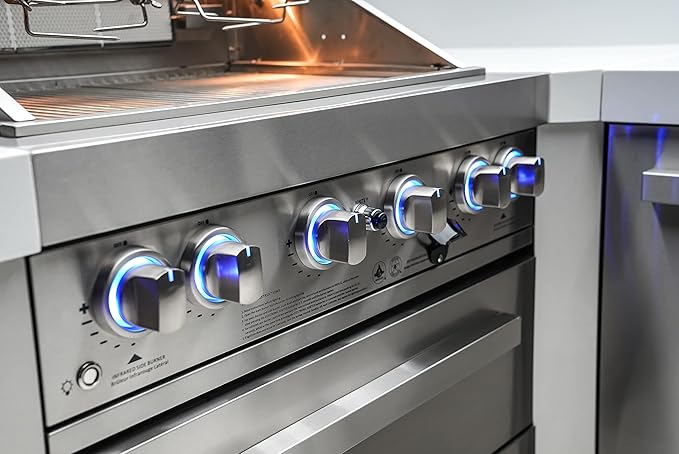 Mont Alpi 805 6-Burner 115000 BTU MAi805-D90 L-shaped Stainless Steel Deluxe Modular Outdoor Kitchen BBQ Island Grill, Infrared Rear & Side Burner, Granite Countertops, Storage, Rotisserie Kit & Cover