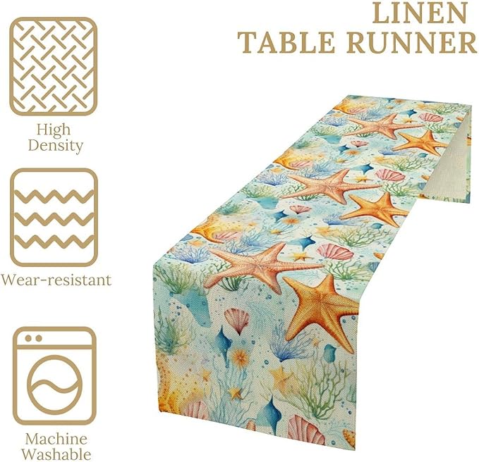 Starfish Conch Shell Table Runners, Season Coastal Marine Life Table Runners for Kitchen Dining Outdoor Home Party 13x60in