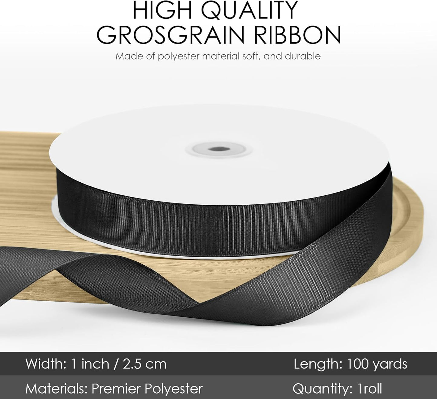 100 Yards 1 inch Grosgrain Ribbon, Solid Color Fabric Ribbon Perfect for Gift Wrapping, Wedding, Handmade Bows, Floral Bouquets and Party Decoration(Black)
