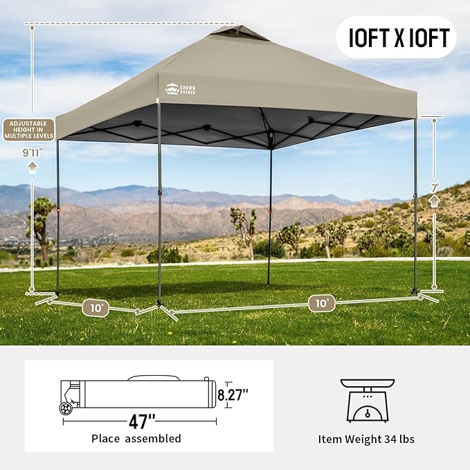 CROWN SHADES Adjustable Height on The Fly, 10x10 Pop Up Canopy - Beach Tent with One Push Setup - Easy Outdoor Sun Shade for Events, Parties, Camping - Outside Shade with STO-N-Go Bag, Khaki
