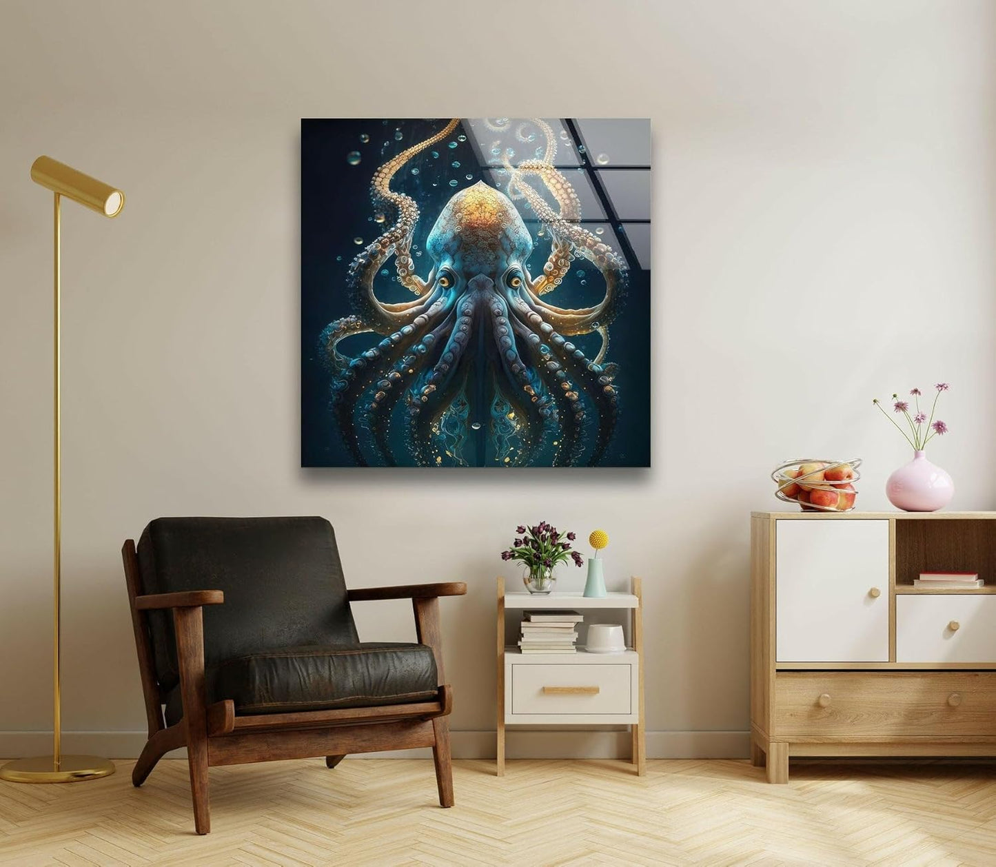 My Photostation.com 27Wx43H'' Underwater Blue Octopus Glass Wall Art Tempered Glass Printing Wall Decor Large Wall Art Wall Hangings