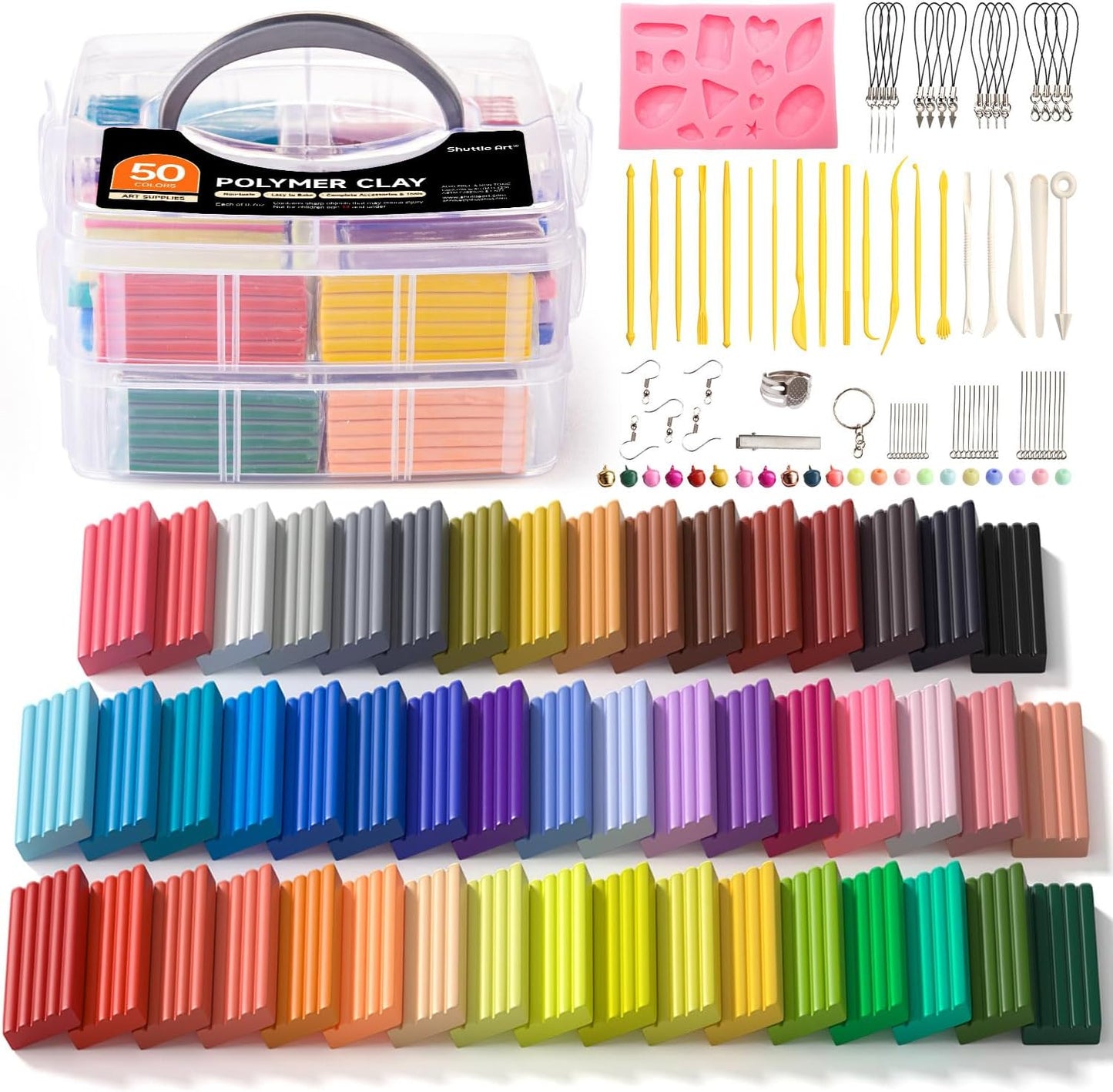 Shuttle Art Polymer Clay Kit, 50 Colors, Soft Oven Clay Kit, 19 Carving Tools and 10 Kinds of Accessories, Non-Stick, Non-Toxic, Ideal Gift for Kids