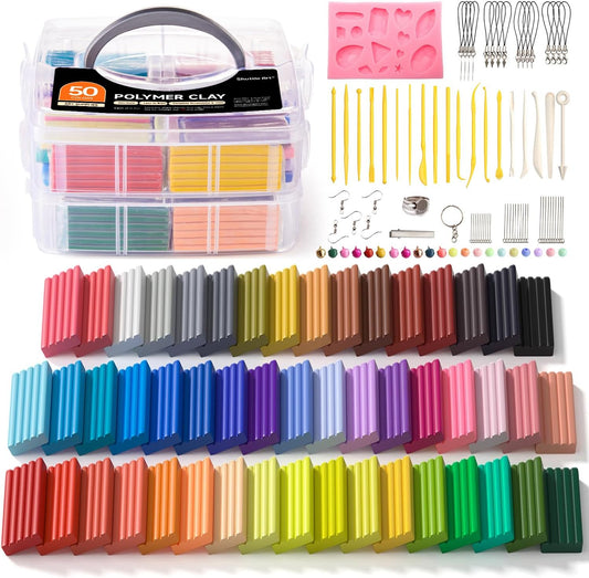 Shuttle Art Polymer Clay Kit, 50 Colors, Soft Oven Clay Kit, 19 Carving Tools and 10 Kinds of Accessories, Non-Stick, Non-Toxic, Ideal Gift for Kids