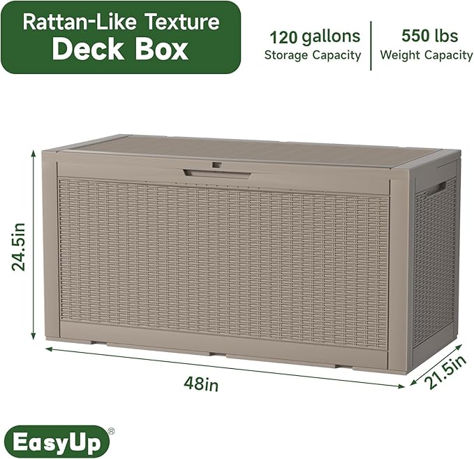 EasyUp 120 Gallon Outdoor Storage Box Waterproof, UV Resistant Resin Deck Box with Hydraulic Rod, Reinforced Stability for Patio, Garden, Rattan Gray