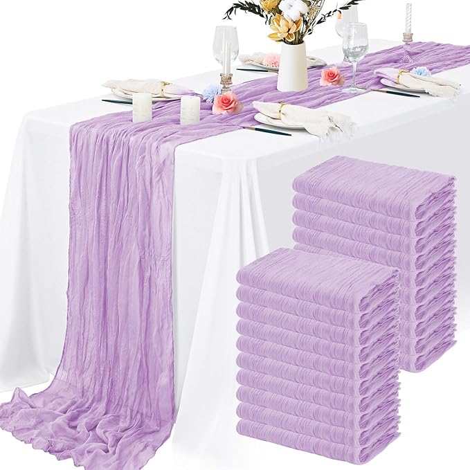 20 Packs Cheesecloth Table Runner 10FT Long Boho Gauze Fabric Table Runner Vintage Rustic Sheer Runners for Wedding Party Bridal Baby Shower Table Decorations (Lilac )