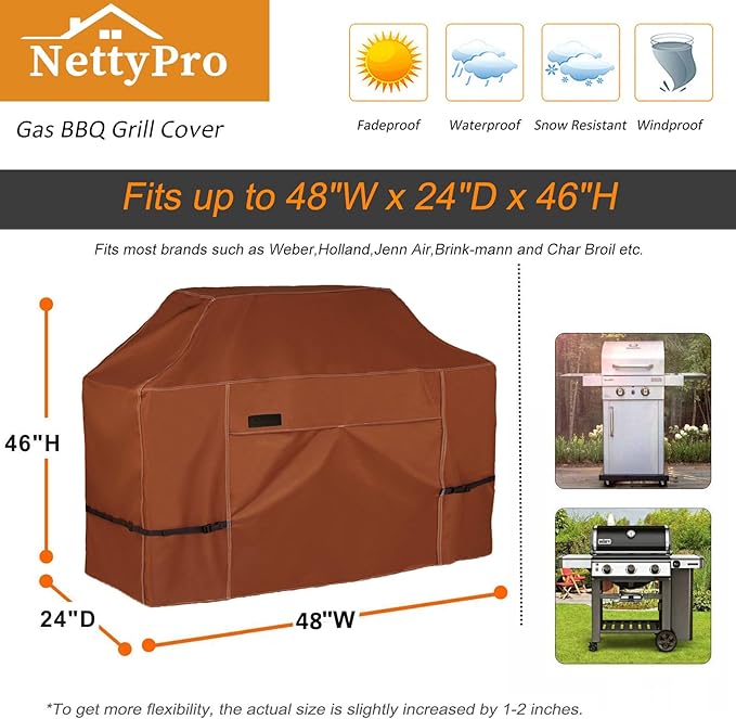 NettyPro Grill Cover Heavy Duty Waterproof 48 inch, Outdoor 2-3 Burners Gas BBQ Cover for Outside Weber, Char-Broil, Brinkmann, Nexgrill Barbecue, Brown