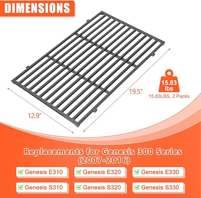QuliMetal 19.5" Grill Grates for Weber Genesis 300 Series, Genesis E310, E320, E330, S310, S320, S330, Replace for Weber 7524, 7528, Porcelain-Enameled Cast Iron Grill Grates