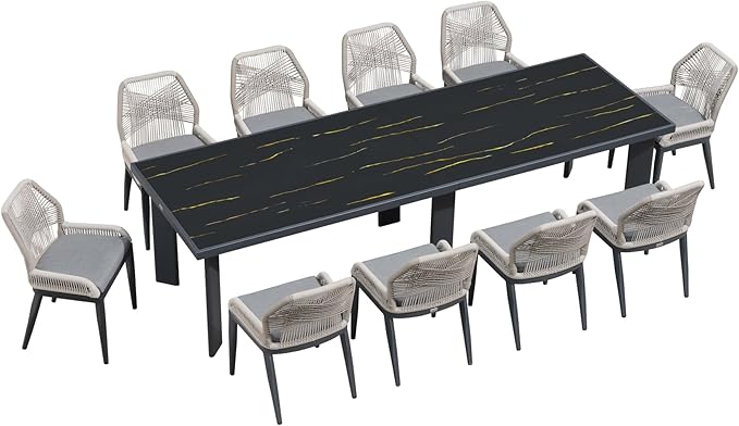 PURPLE LEAF 11 Pieces Patio Dining Set Aluminum Oversize Rectangular Table and Wicker Chairs with Cushions for Kitchen Porch Garden Modern Outdoor Furniture Sets, Dark Grey