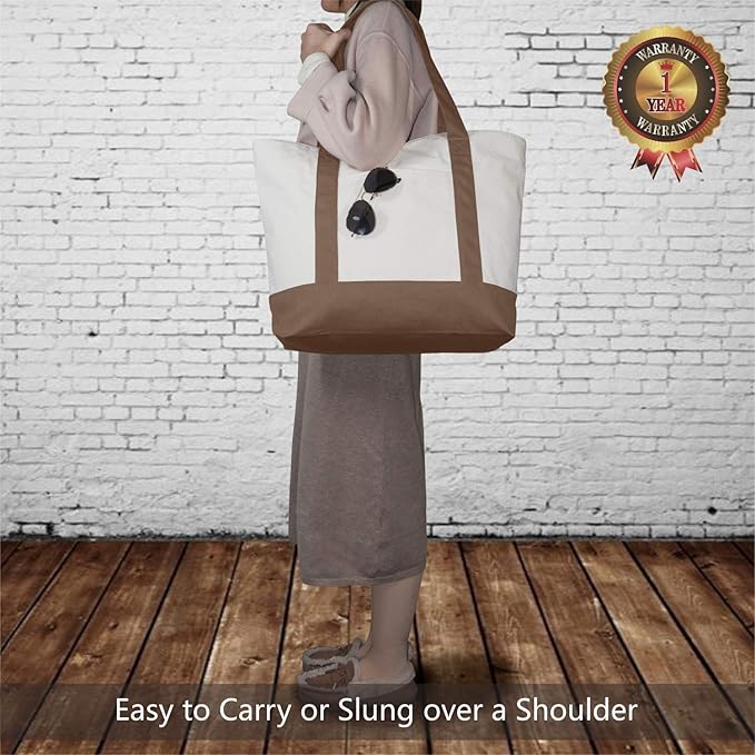 TOPDesign 6-Pack Canvas Tote Bags with an External Pocket, Reusable Grocery Shopping Bags, Top Zipper Closure, Daily Essentials (Brown/Natural)