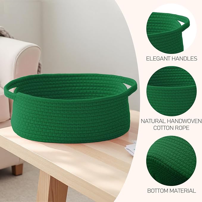 Woven Basket,Small Rope Storage Bin with Handles & Ribbon Bag, Organizer for Shelves Closets,Gift Basket Empty for Birthday,Books,Dog Toys, Green/3 Pack