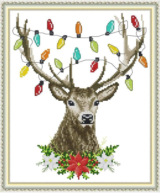 CROSSDECOR Cross Stitch Stamped Kits 11CT 14X16 inch Pre-Printed Cross-Stitching Starter Patterns for Beginner Kids or Adults, Embroidery Needlepoint Kits Christmas Deer