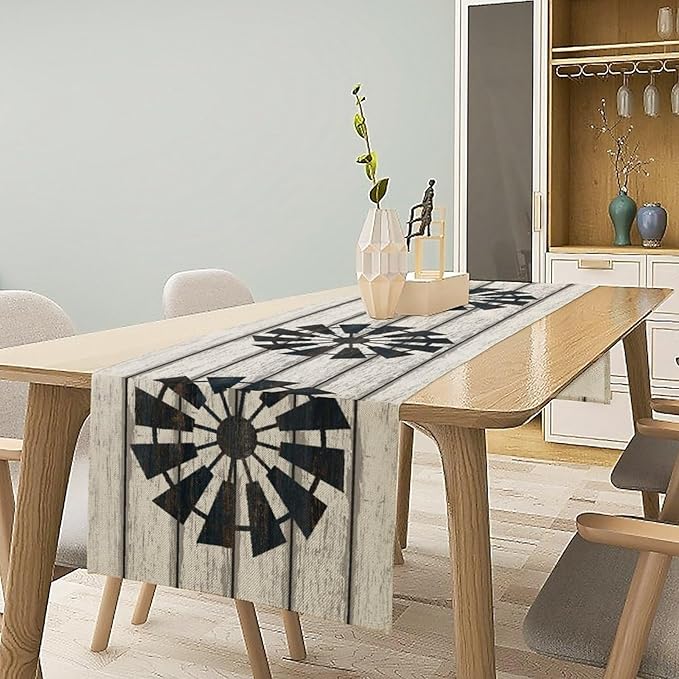 Retro Windmill Table Runner, Rustic Farmhouse Wood Grain Country Style Print Table Runner for Dinning Holiday Party Indoor Outdoor Decor, 13x120inch