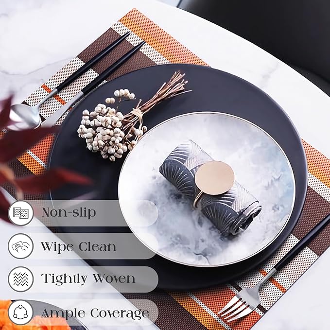 Set of 6 Colorful Striped Vinyl Placemats Heat-Resistant Washable Placemats Non-Slip Woven Table Mats Wipeable Placemat for Kitchen Dining Table Decoration Indoor Outdoor (Autumn Red)