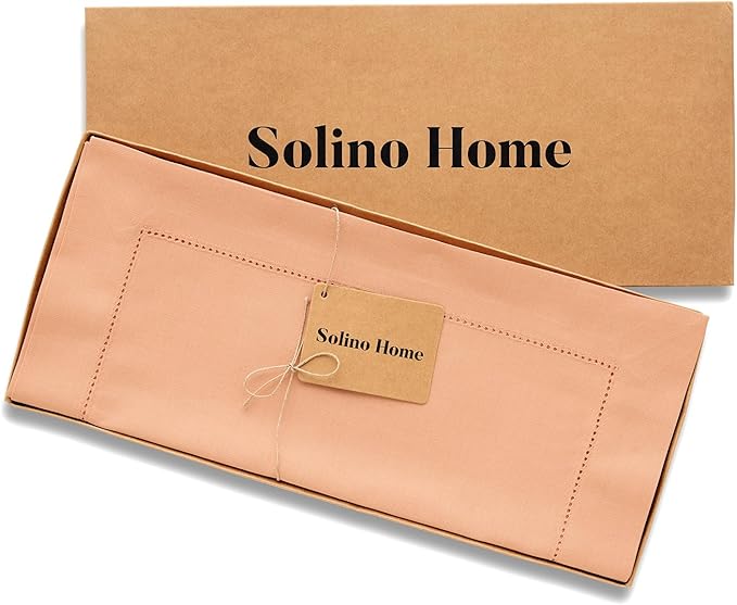 Solino Home Cotton Linen Table Runner 60 Inches - Peach Bloom Hemstitch Table Runner 14 x 60 Inch Ideal for Dresser and Coffee Tables, Valentines, Spring, Easter
